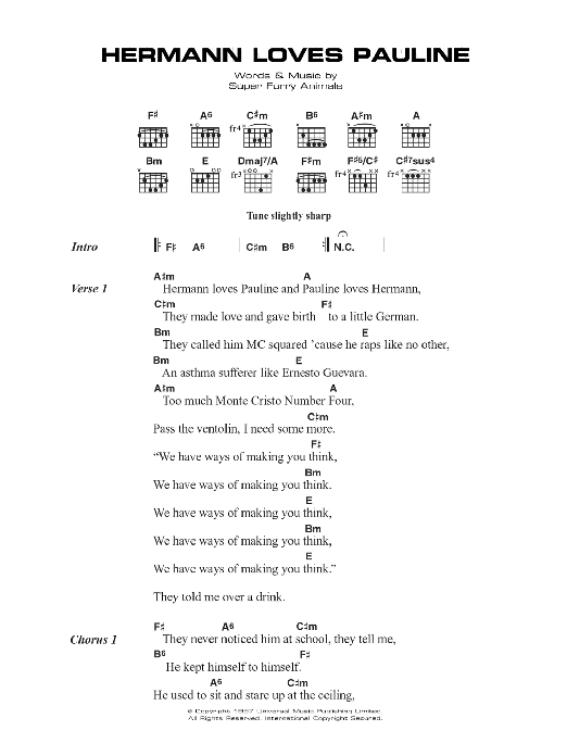 Super Furry Animals Hermann Loves Pauline sheet music notes and chords arranged for Guitar Chords/Lyrics