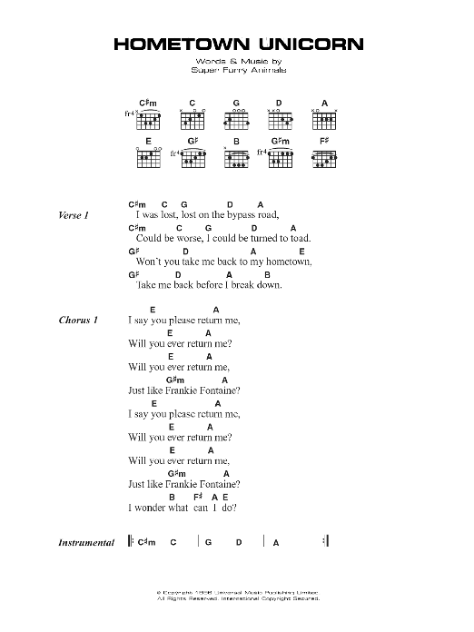Super Furry Animals Hometown Unicorn sheet music notes and chords arranged for Guitar Chords/Lyrics