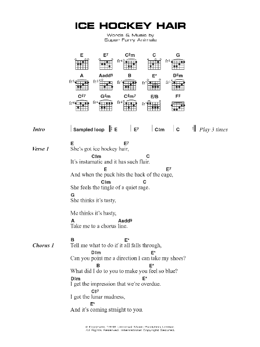 Super Furry Animals Ice Hockey Hair sheet music notes and chords arranged for Guitar Chords/Lyrics