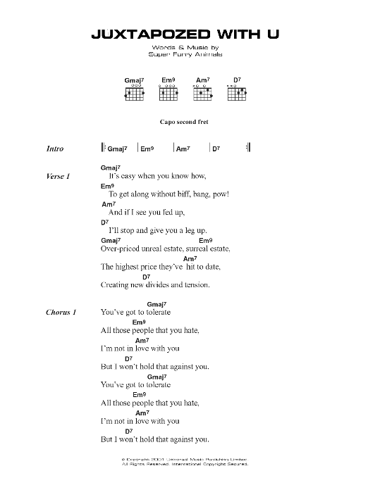 Super Furry Animals Juxtapozed With U sheet music notes and chords arranged for Guitar Chords/Lyrics