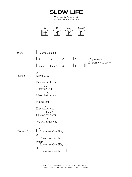 Super Furry Animals Slow Life sheet music notes and chords arranged for Guitar Chords/Lyrics