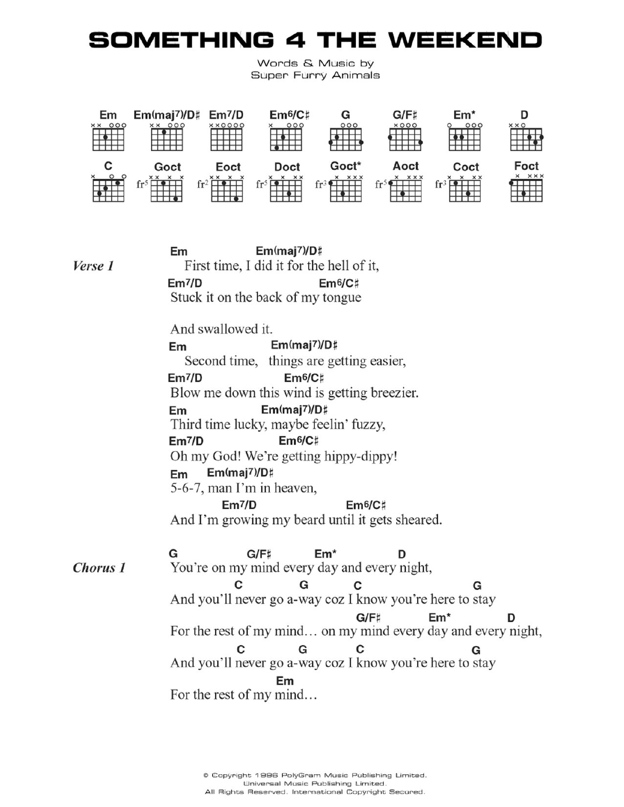 Super Furry Animals Something 4 The Weekend sheet music notes and chords arranged for Guitar Chords/Lyrics