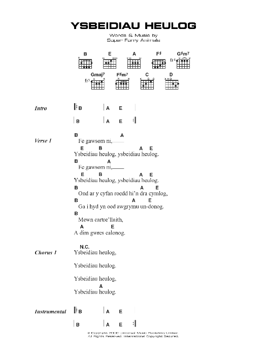 Super Furry Animals Ysbeidiau Heulog sheet music notes and chords arranged for Guitar Chords/Lyrics