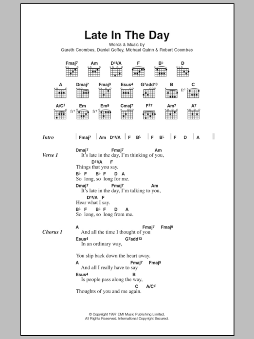Supergrass Late In The Day sheet music notes and chords arranged for Guitar Chords/Lyrics