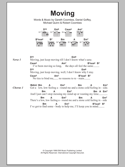 Supergrass Moving sheet music notes and chords arranged for Guitar Chords/Lyrics