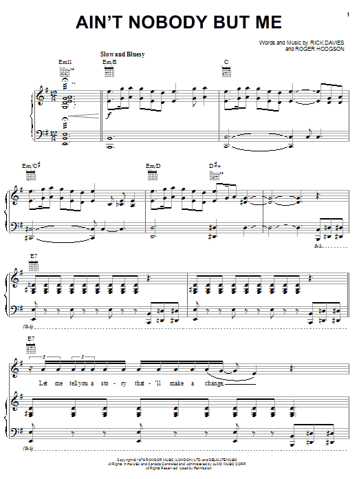 Supertramp Ain't Nobody But Me sheet music notes and chords arranged for Piano, Vocal & Guitar Chords (Right-Hand Melody)
