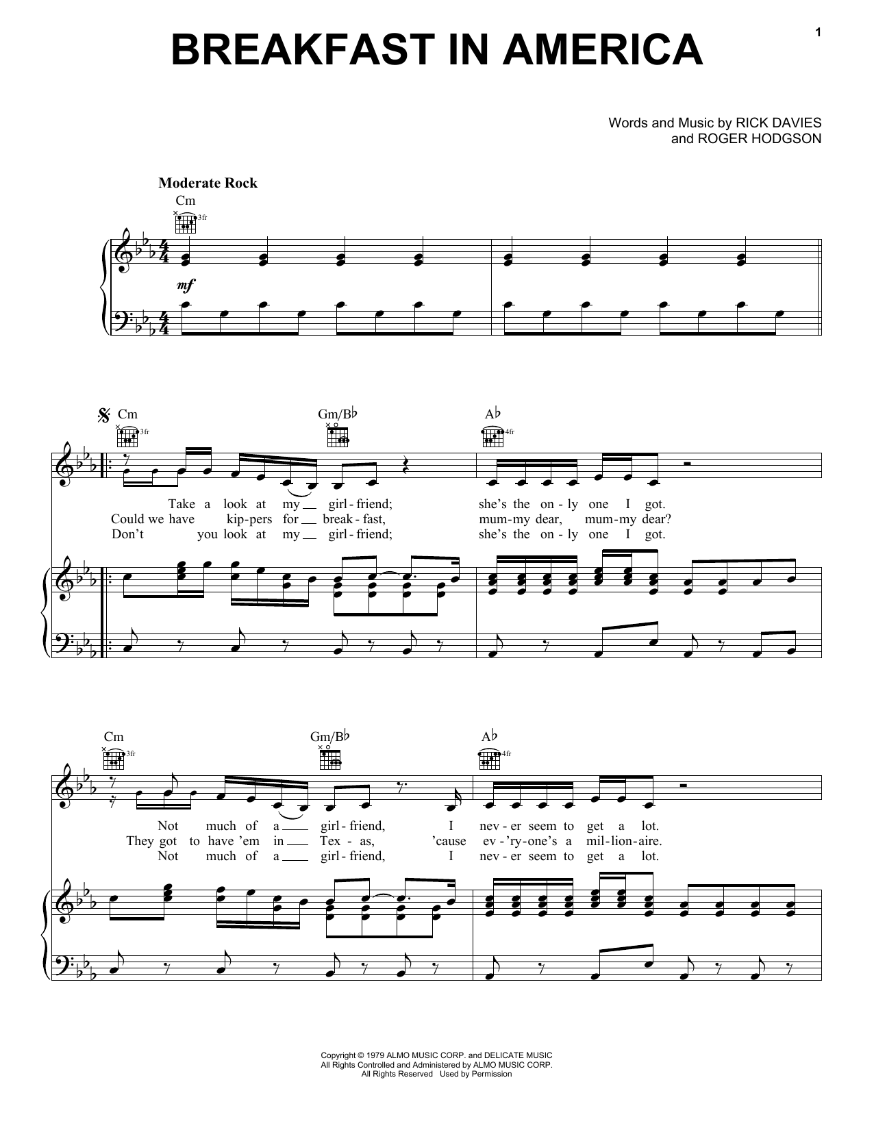 Supertramp Breakfast In America sheet music notes and chords arranged for Piano, Vocal & Guitar Chords