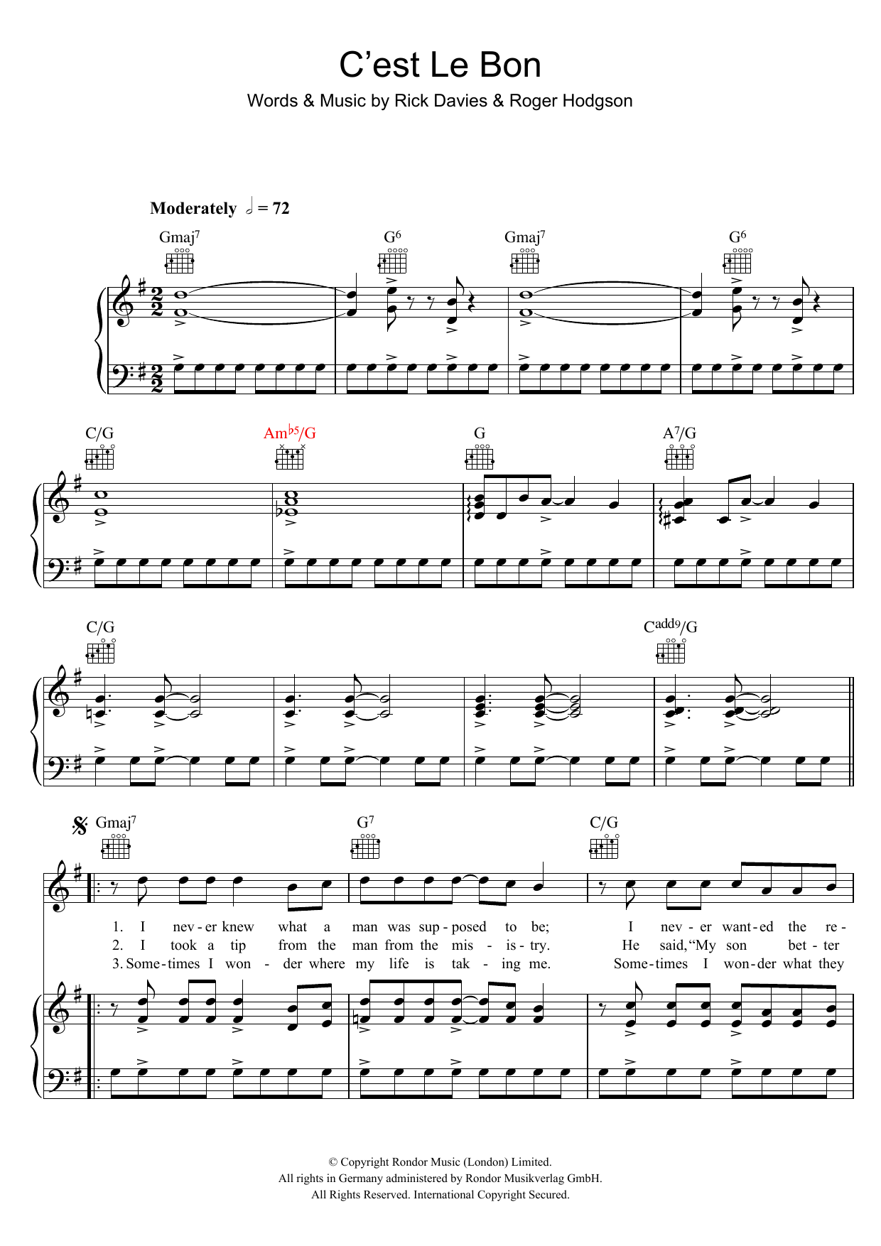 Supertramp C'est Le Bon sheet music notes and chords arranged for Piano, Vocal & Guitar Chords
