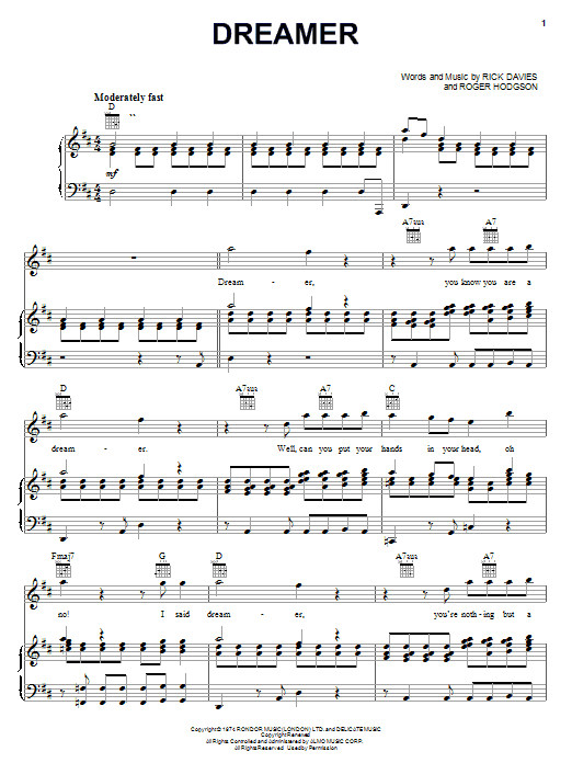 Supertramp Dreamer sheet music notes and chords arranged for Piano, Vocal & Guitar Chords (Right-Hand Melody)