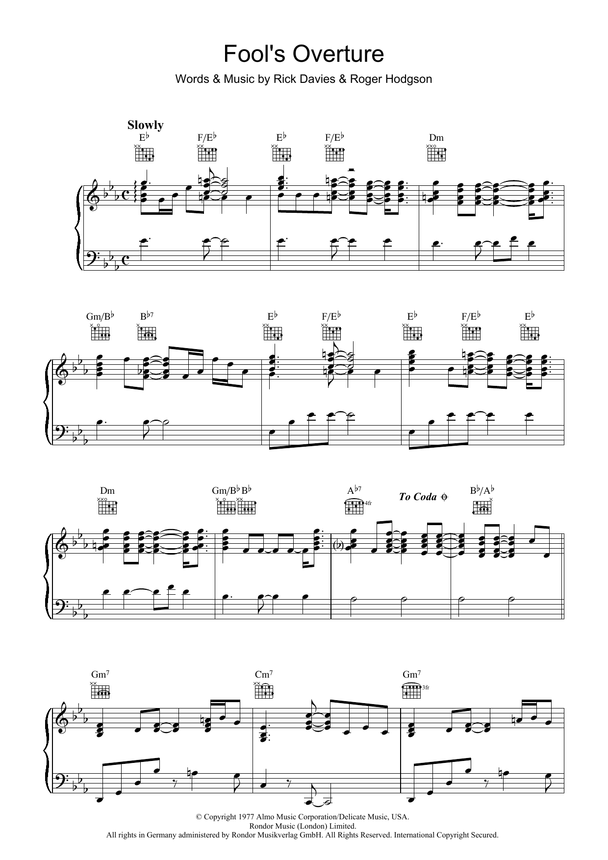 Supertramp Fool's Overture sheet music notes and chords arranged for Piano, Vocal & Guitar Chords