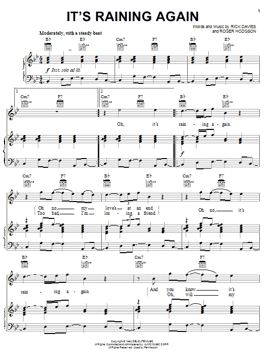 Supertramp It's Raining Again sheet music notes and chords arranged for Piano, Vocal & Guitar Chords