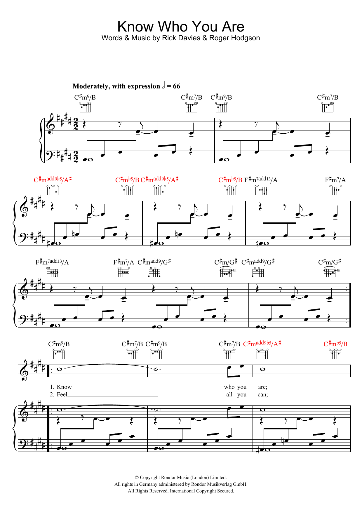 Supertramp Know Who You Are sheet music notes and chords arranged for Piano, Vocal & Guitar Chords