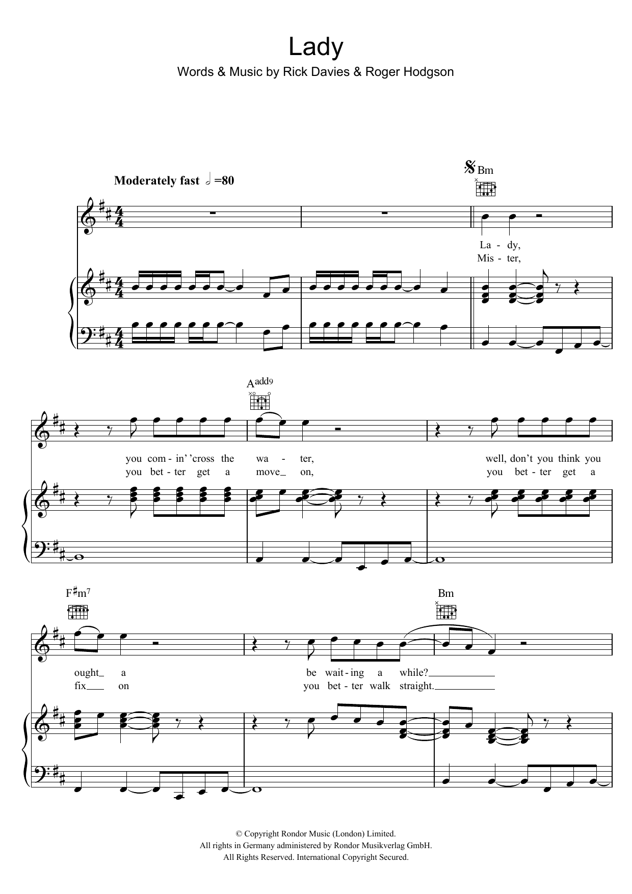 Supertramp Lady sheet music notes and chords arranged for Piano, Vocal & Guitar Chords