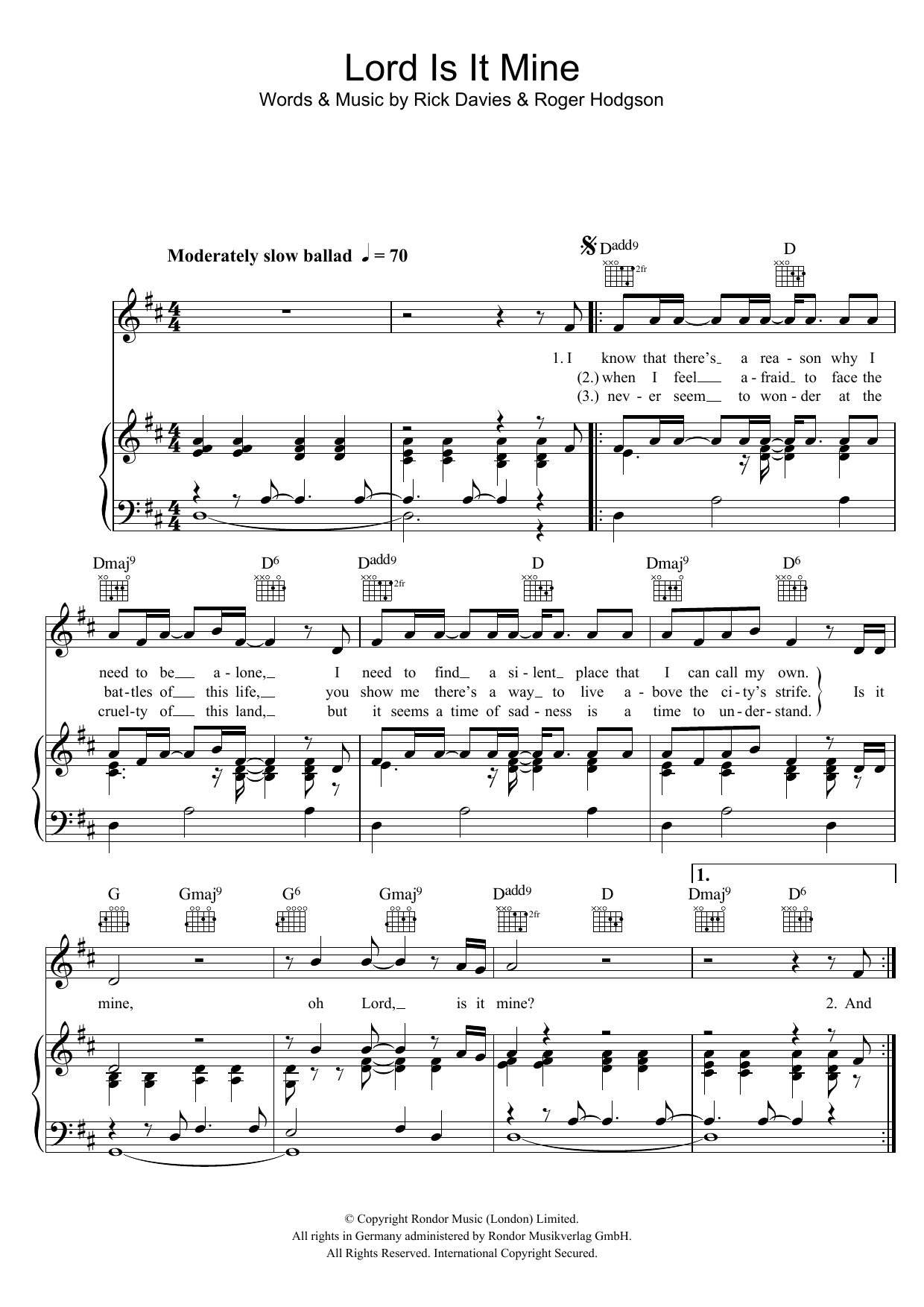 Supertramp Lord Is It Mine sheet music notes and chords arranged for Piano, Vocal & Guitar Chords