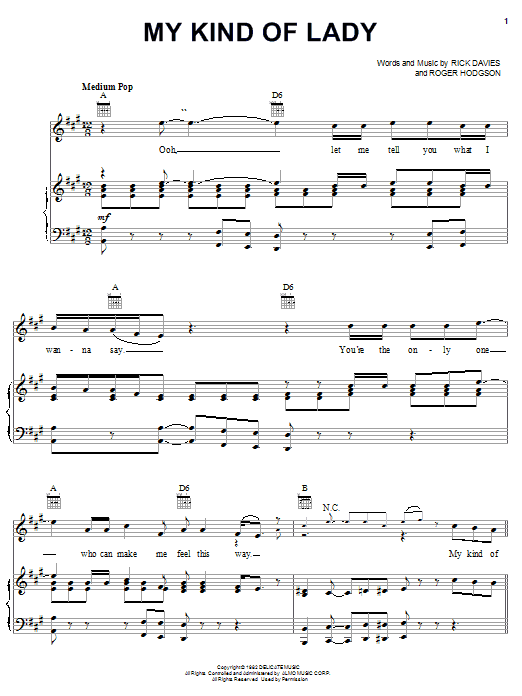 Supertramp My Kind Of Lady sheet music notes and chords arranged for Piano, Vocal & Guitar Chords (Right-Hand Melody)