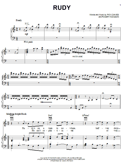 Supertramp Rudy sheet music notes and chords arranged for Piano, Vocal & Guitar Chords (Right-Hand Melody)