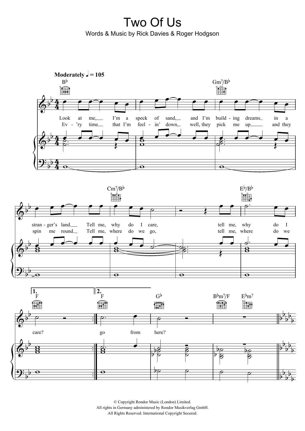 Supertramp Two Of Us sheet music notes and chords arranged for Piano, Vocal & Guitar Chords