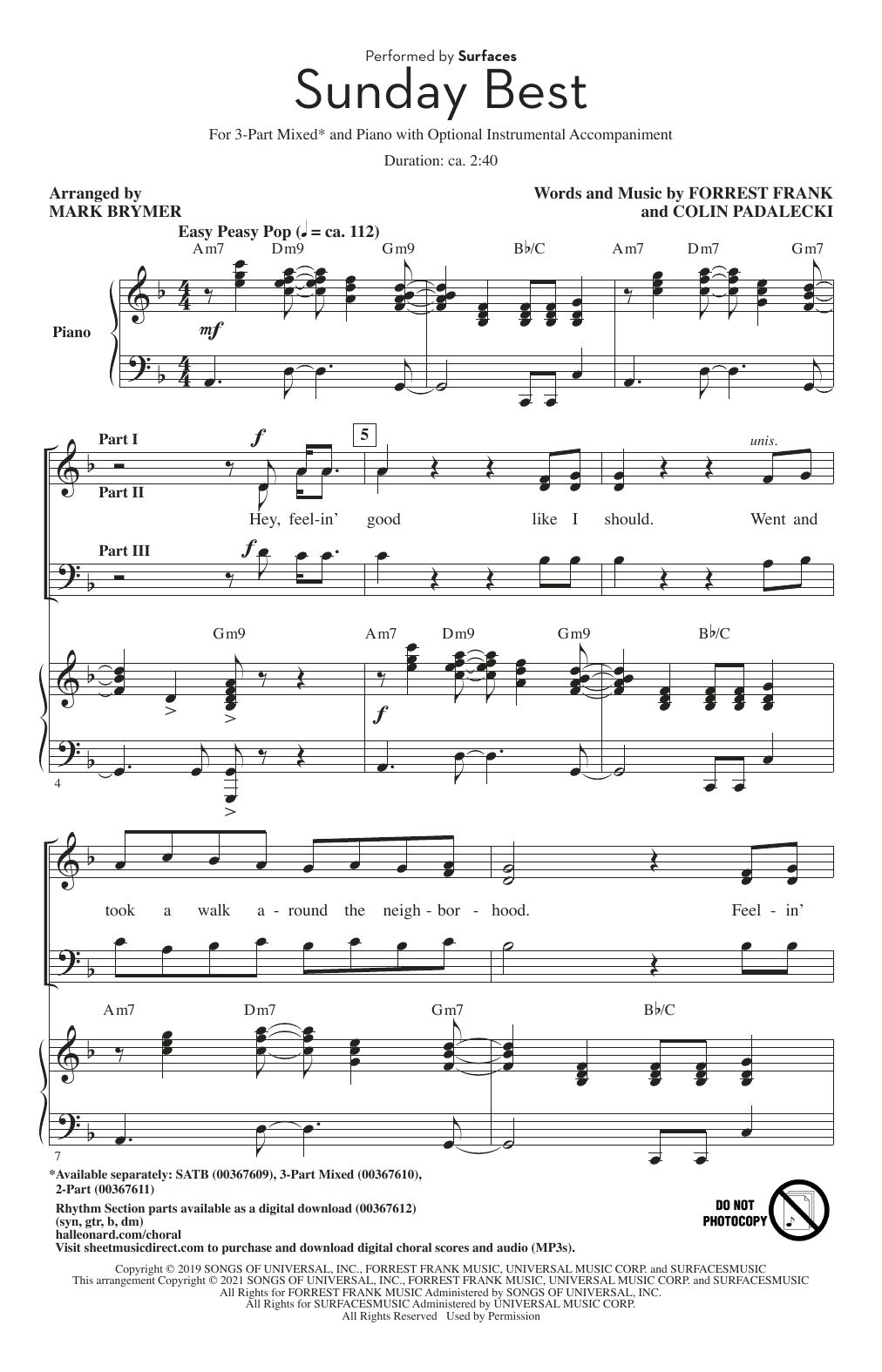 Surfaces Sunday Best (arr. Mark Brymer) sheet music notes and chords arranged for 3-Part Mixed Choir