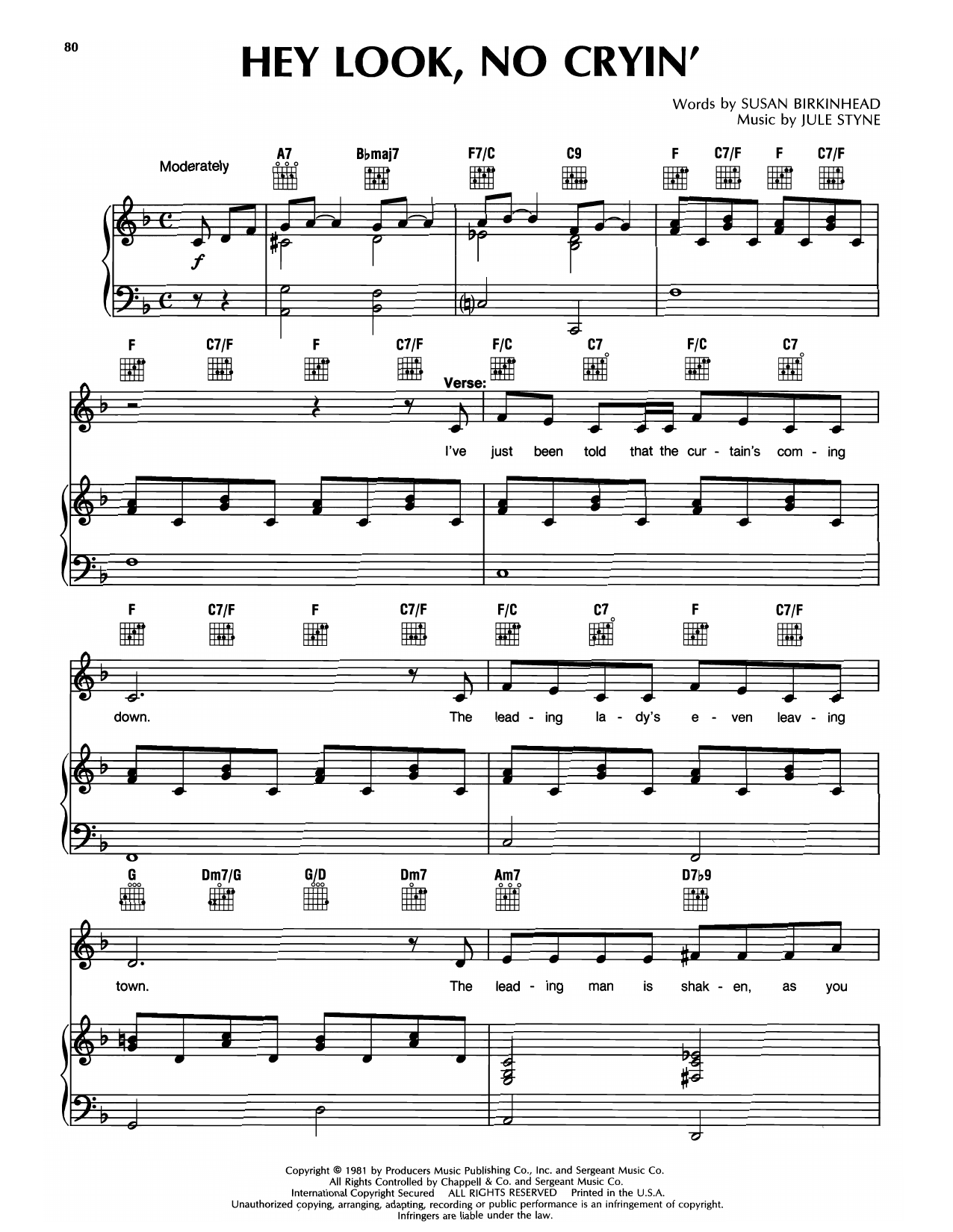 Susan Birkinhead & Jule Styne Hey Look, No Cryin' sheet music notes and chords arranged for Piano & Vocal