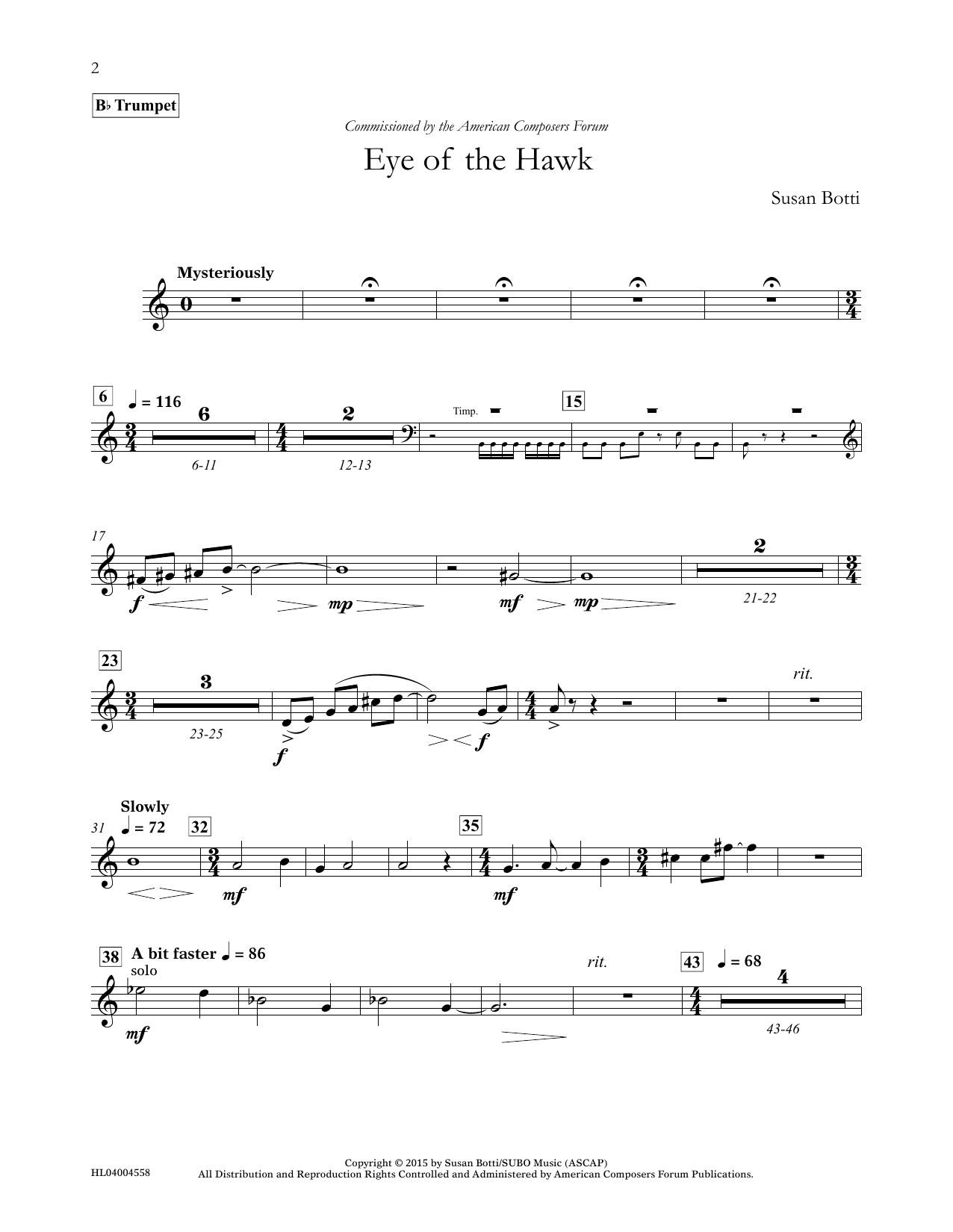 Susan Botti Eye of the Hawk - Bb Trumpet sheet music notes and chords arranged for Concert Band