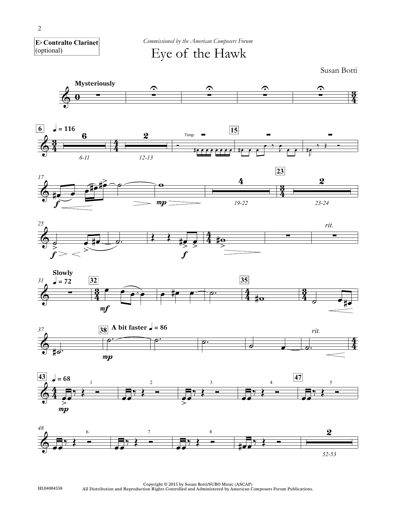 Susan Botti Eye of the Hawk - Contralto Clarinet sheet music notes and chords arranged for Concert Band