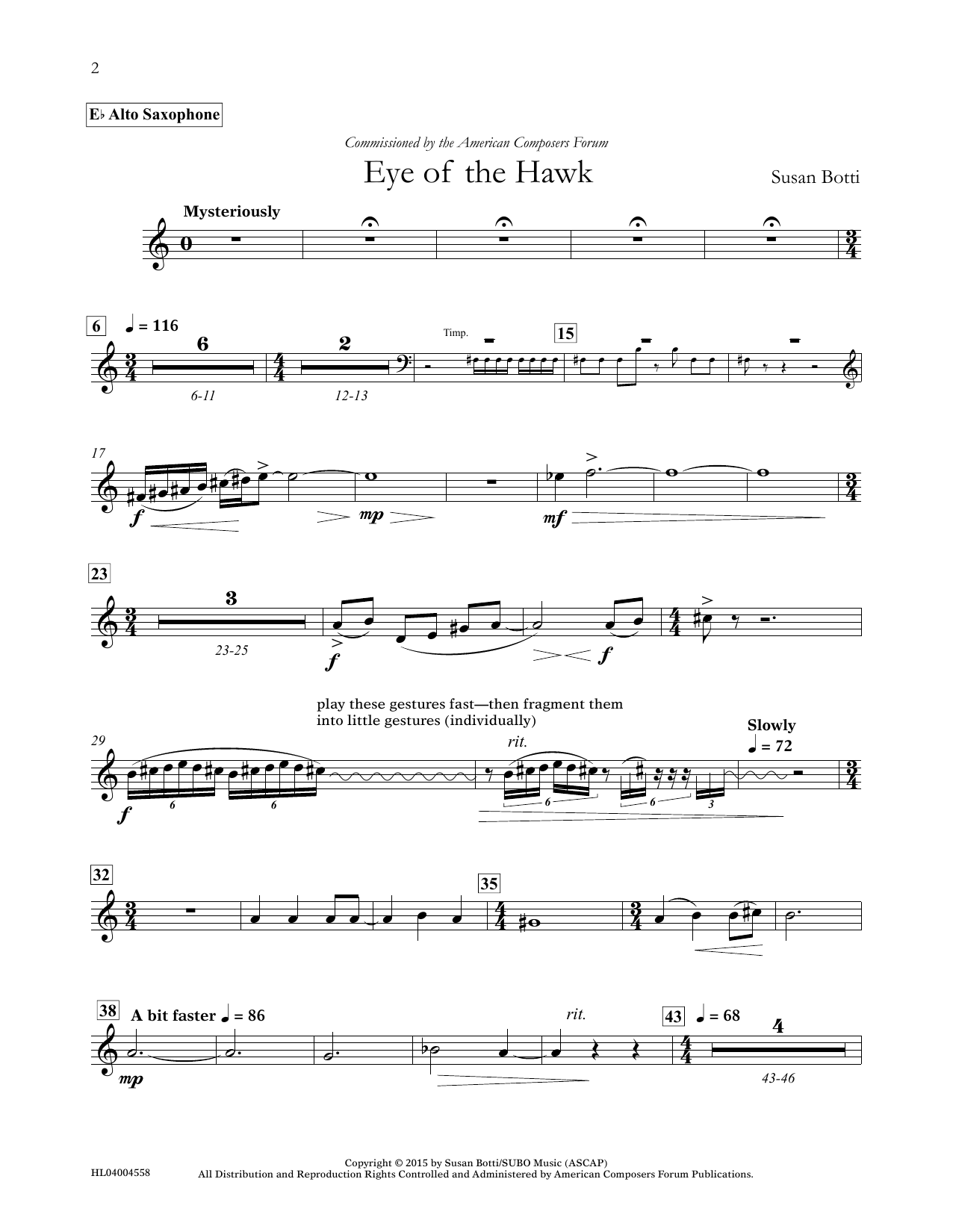 Susan Botti Eye of the Hawk - Eb Alto Saxophone sheet music notes and chords arranged for Concert Band