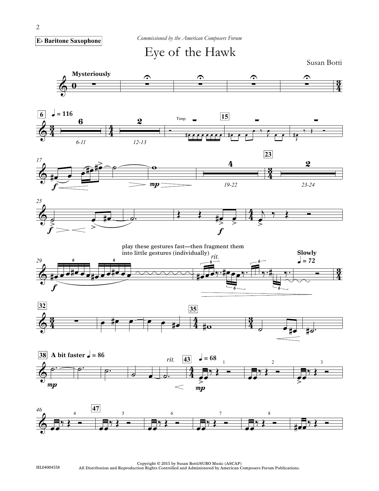 Susan Botti Eye of the Hawk - Eb Baritone Saxophone sheet music notes and chords arranged for Concert Band