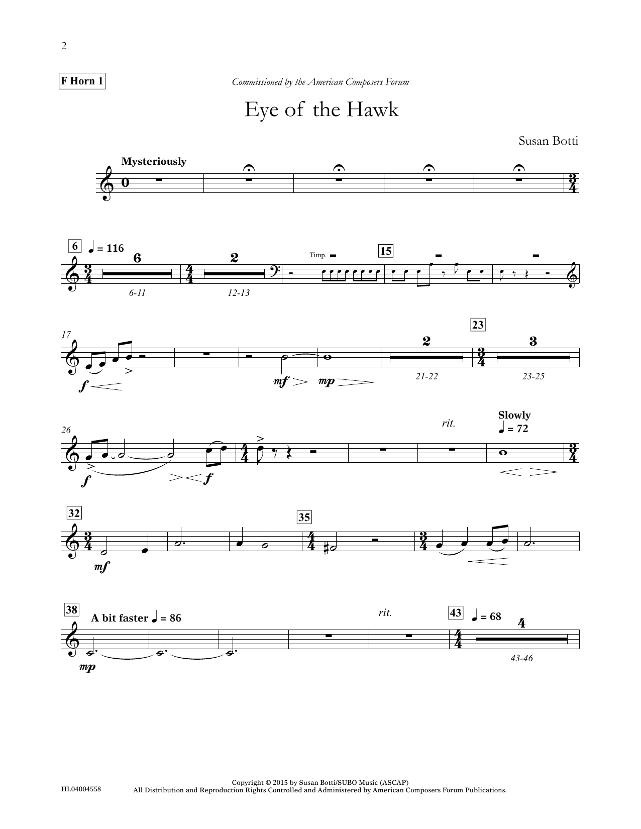 Susan Botti Eye of the Hawk - F Horn 1 sheet music notes and chords arranged for Concert Band