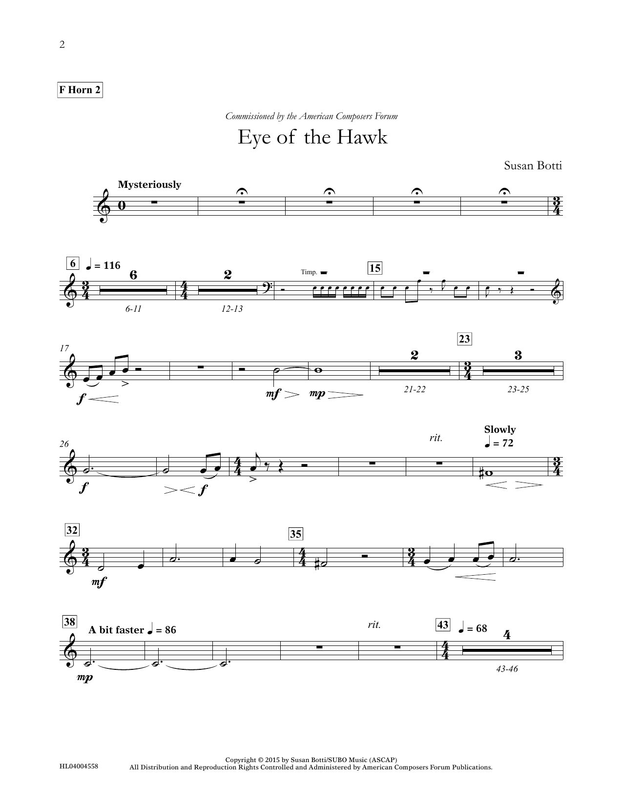 Susan Botti Eye of the Hawk - F Horn 2 sheet music notes and chords arranged for Concert Band