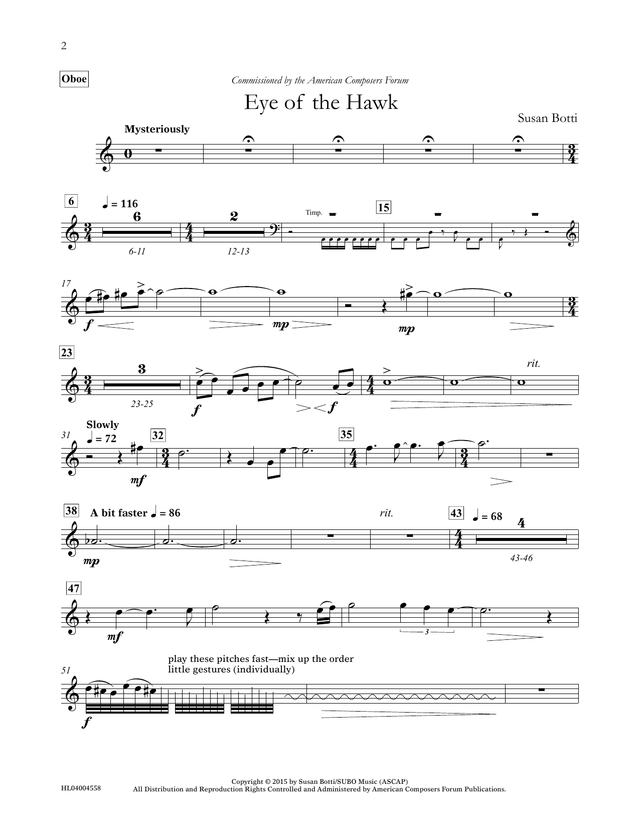 Susan Botti Eye of the Hawk - Oboe sheet music notes and chords arranged for Concert Band