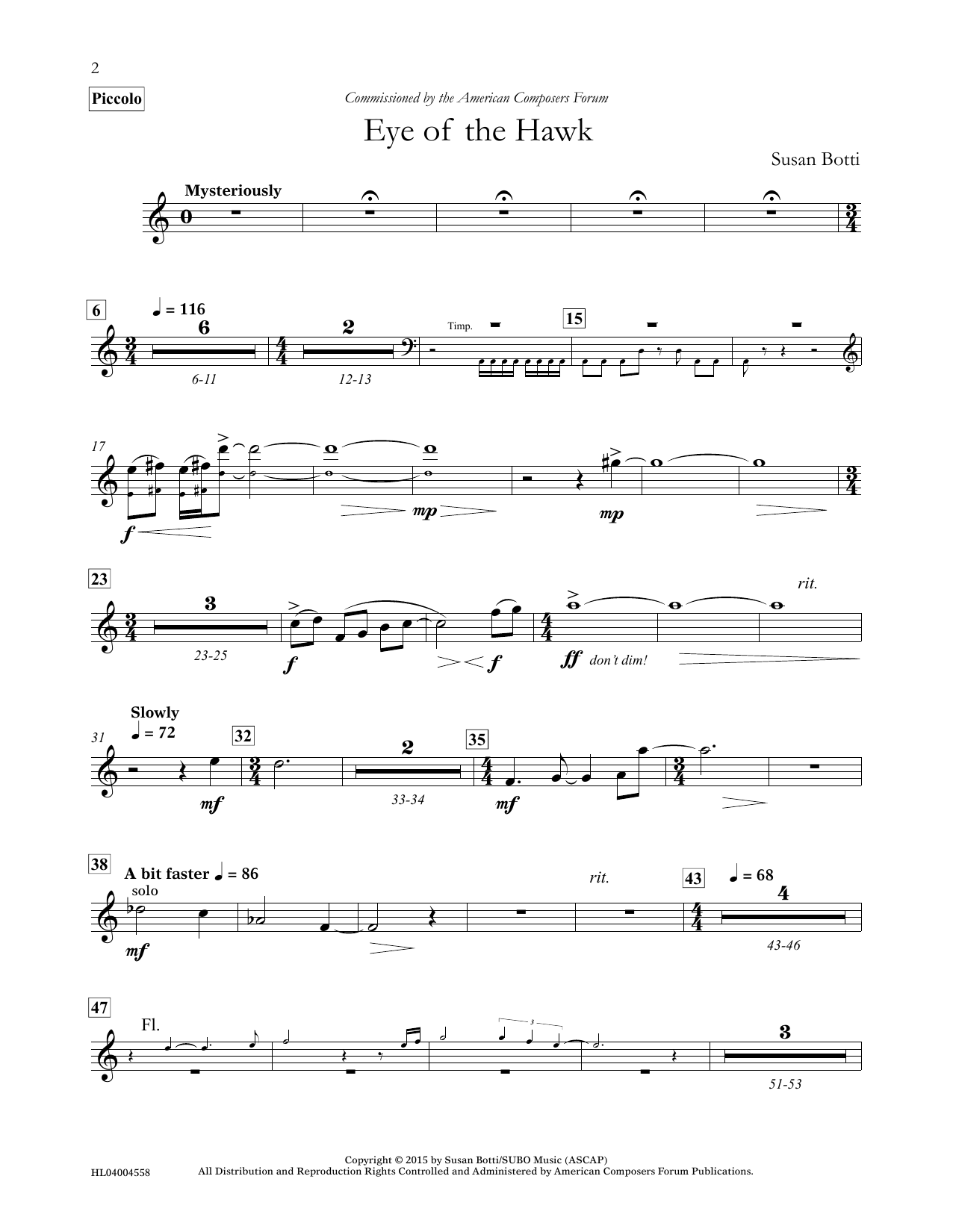 Susan Botti Eye of the Hawk - Piccolo sheet music notes and chords arranged for Concert Band