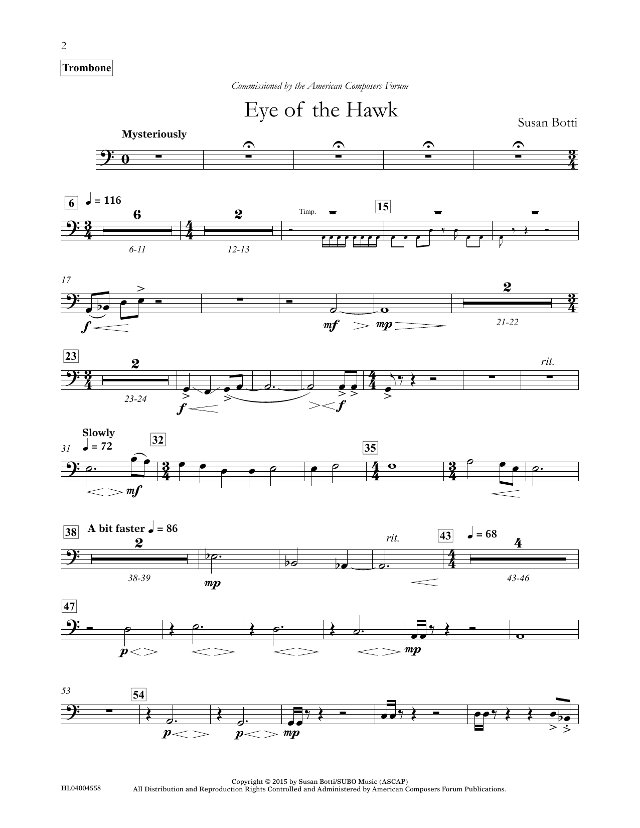 Susan Botti Eye of the Hawk - Trombone sheet music notes and chords arranged for Concert Band