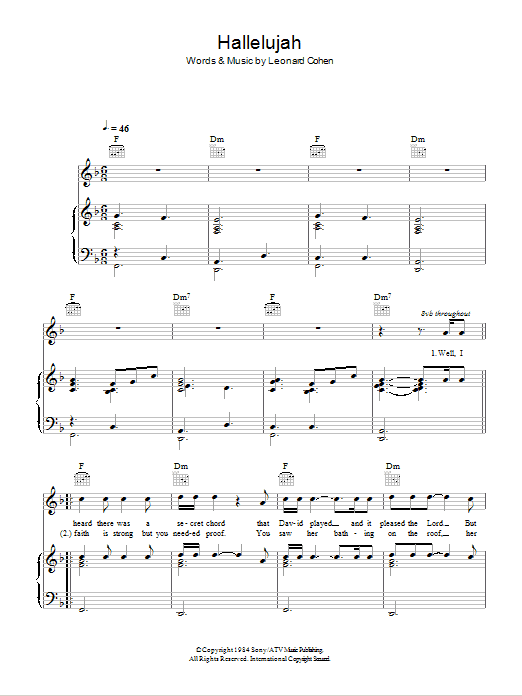 Susan Boyle Hallelujah sheet music notes and chords arranged for Piano, Vocal & Guitar Chords