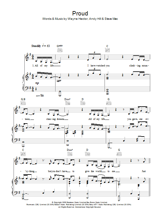 Susan Boyle Proud sheet music notes and chords arranged for Piano, Vocal & Guitar Chords