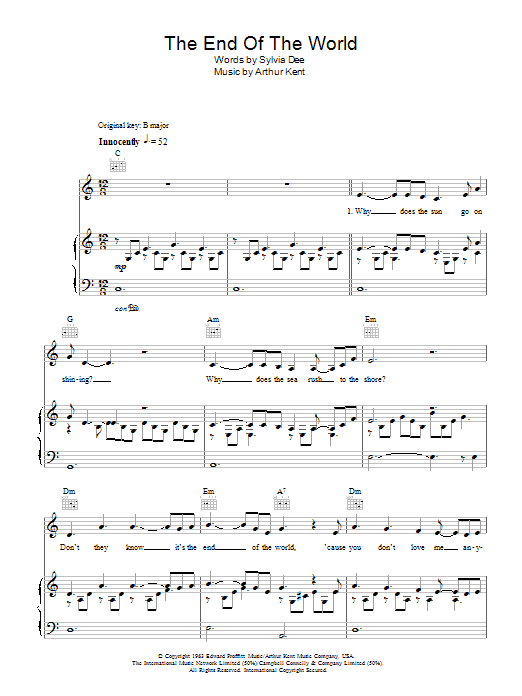 Susan Boyle The End Of The World sheet music notes and chords arranged for Piano, Vocal & Guitar Chords