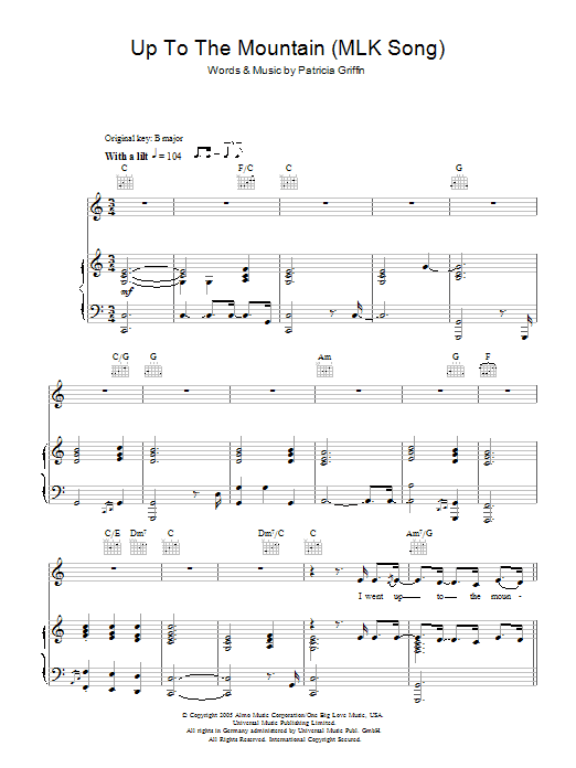 Susan Boyle Up The Mountain (MLK Song) sheet music notes and chords arranged for Piano, Vocal & Guitar Chords