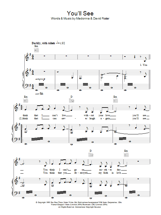 Susan Boyle You'll See sheet music notes and chords arranged for Piano, Vocal & Guitar Chords