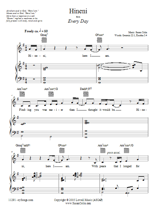 Susan Colin Hineni sheet music notes and chords arranged for Piano, Vocal & Guitar Chords (Right-Hand Melody)