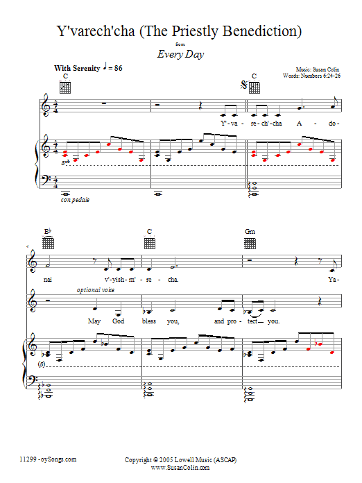 Susan Colin Y'varech'cha sheet music notes and chords arranged for Piano, Vocal & Guitar Chords (Right-Hand Melody)