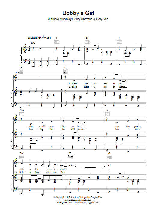 Susan Maughan Bobby's Girl sheet music notes and chords arranged for Piano, Vocal & Guitar Chords