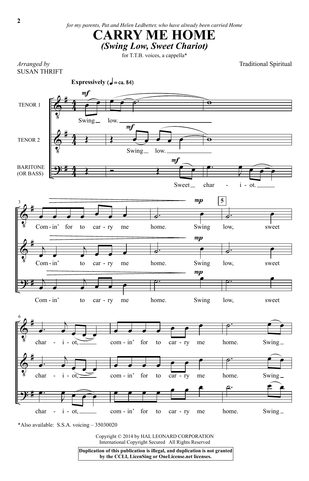 Susan Thrift Carry Me Home (Swing Low, Sweet Chariot) sheet music notes and chords arranged for TTB Choir