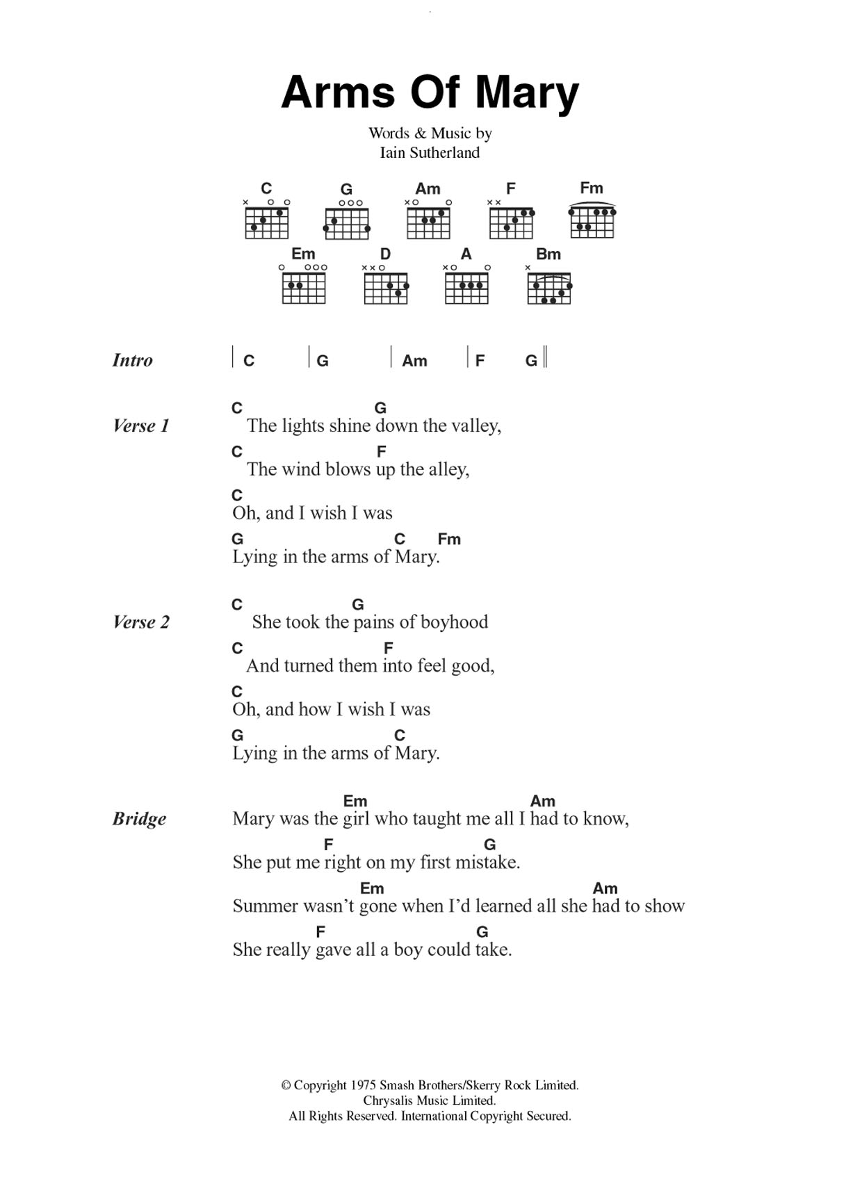 Sutherland Brothers Arms Of Mary sheet music notes and chords arranged for Guitar Chords/Lyrics