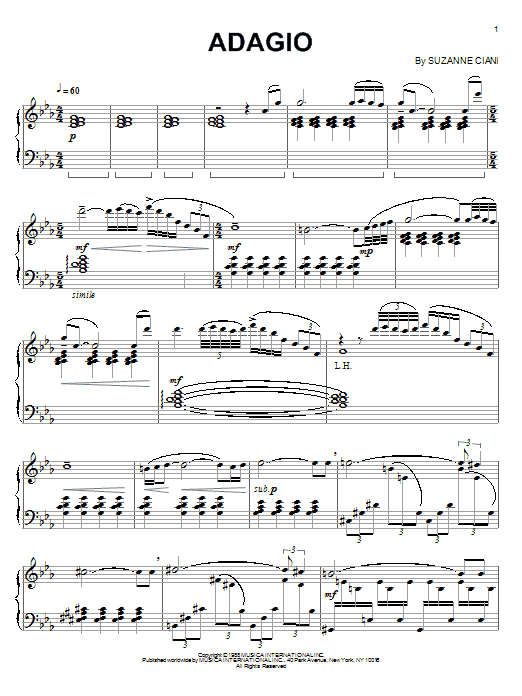 Suzanne Ciani Adagio sheet music notes and chords arranged for Piano Solo