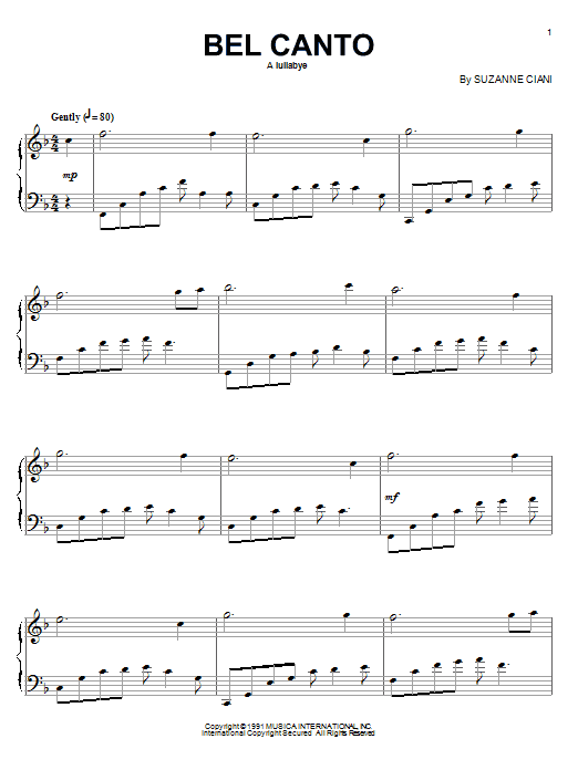Suzanne Ciani Bel Canto (Lullabye) sheet music notes and chords arranged for Piano Solo