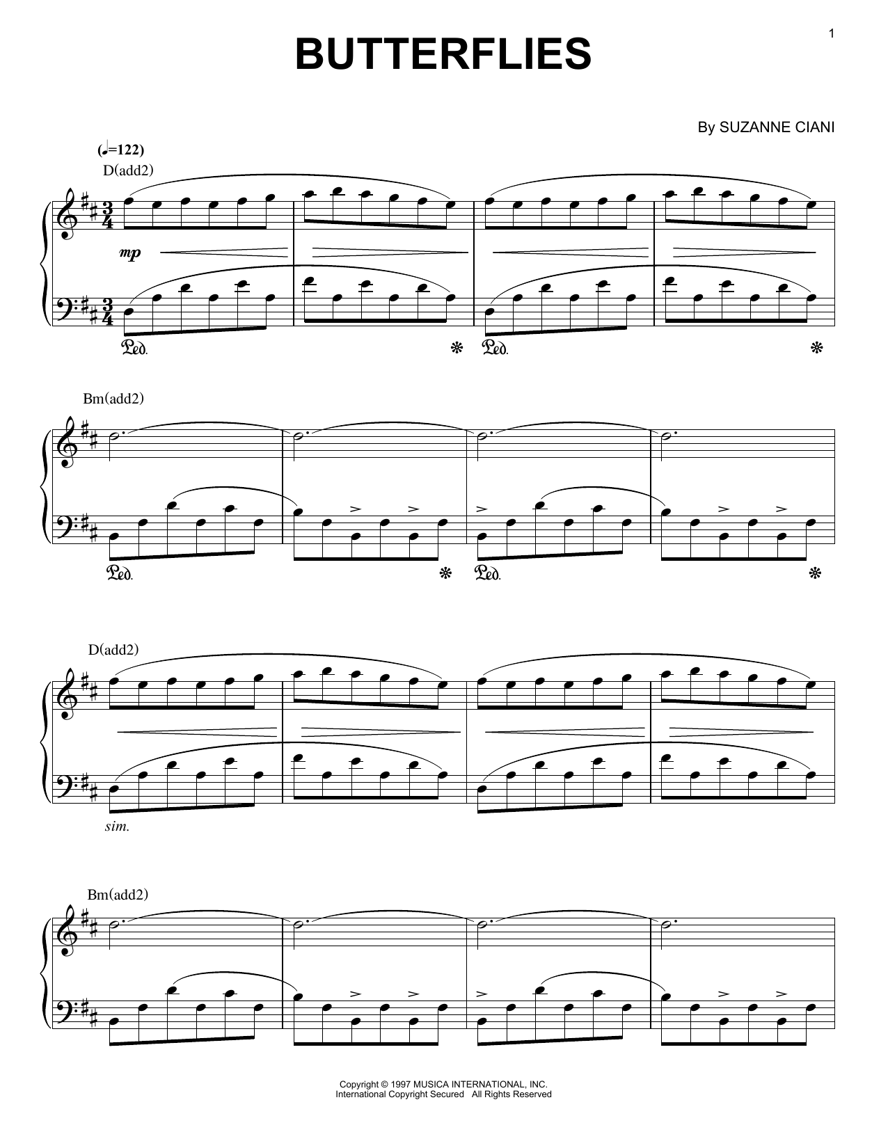 Suzanne Ciani Butterflies sheet music notes and chords arranged for Piano, Vocal & Guitar Chords (Right-Hand Melody)