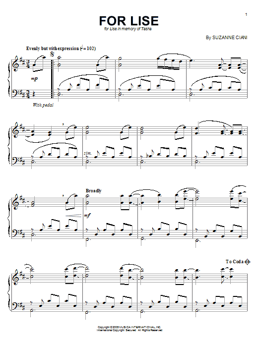 Suzanne Ciani For Lise sheet music notes and chords arranged for Piano Solo