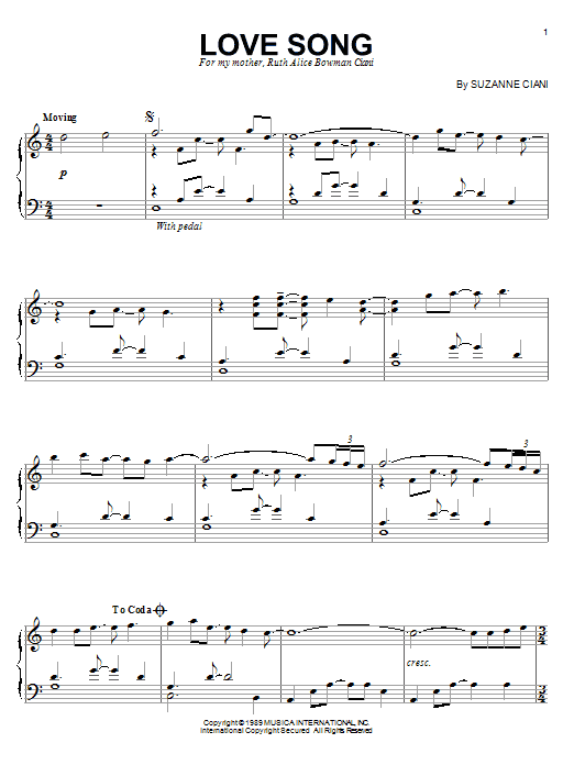 Suzanne Ciani Love Song sheet music notes and chords arranged for Piano Solo