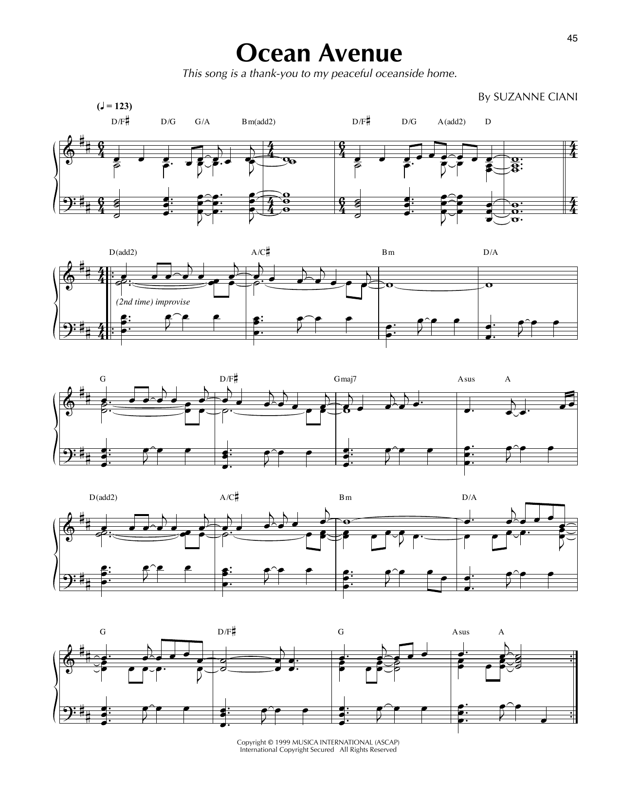 Suzanne Ciani Ocean Avenue sheet music notes and chords arranged for Piano Solo