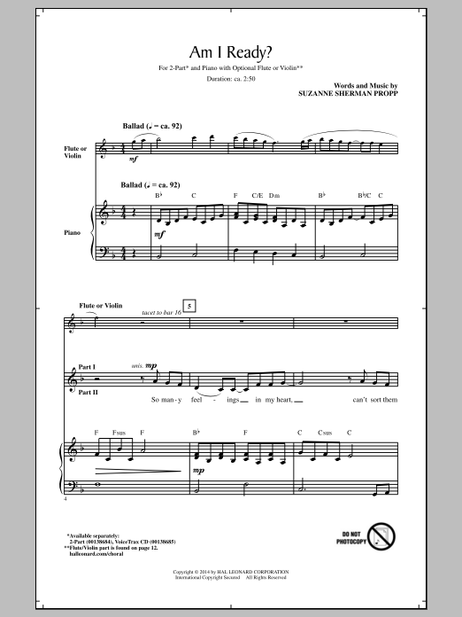 Suzanne Sherman Propp Am I Ready? sheet music notes and chords arranged for 2-Part Choir