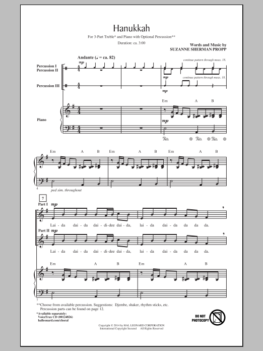 Suzanne Sherman Propp Hanukkah sheet music notes and chords arranged for 3-Part Treble Choir